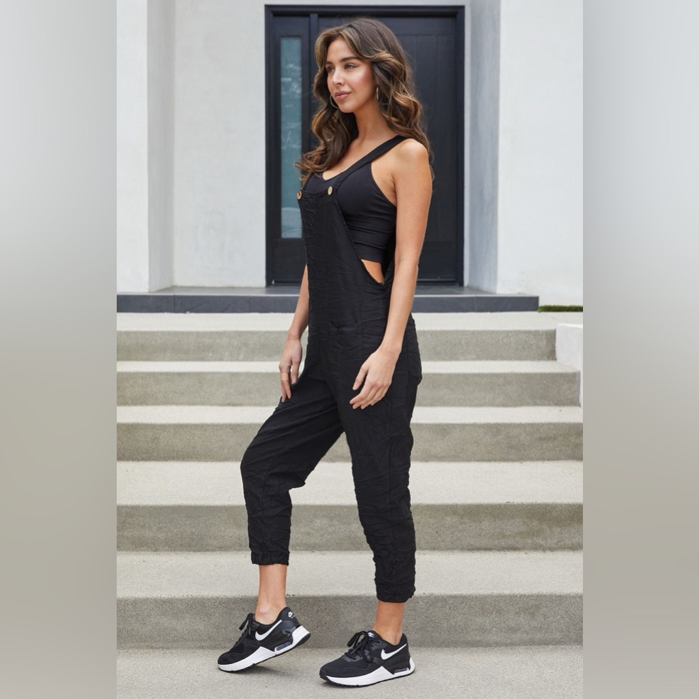 (G1127-SOL-BLK) SOLID COMFY CRINKLE OVERALL - Picture 2 of 7